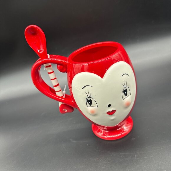 Joanna Parker Other - Joanna Parker Valentine Heart Mug Spoon Kitsch Anthropomorphic Red White Ceramic